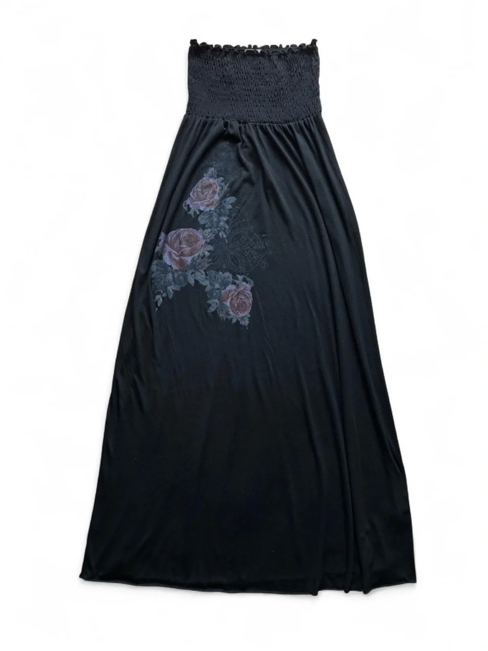 Vintage Y2K Whimsigoth Goth Rose Strapless Maxi Dress Grunge Size L Stretchy